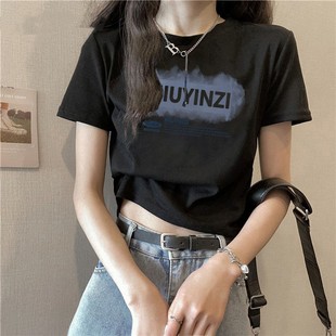 女夏季 新款 黑色正肩t恤短袖 修身 纯棉上衣 设计感小众高腰短款 半袖