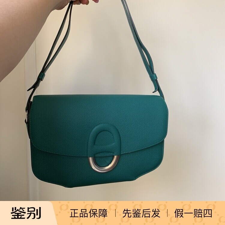 99新爱马仕Hermes丝绒绿epsom皮猪鼻子中号银扣单肩包二手奢侈品