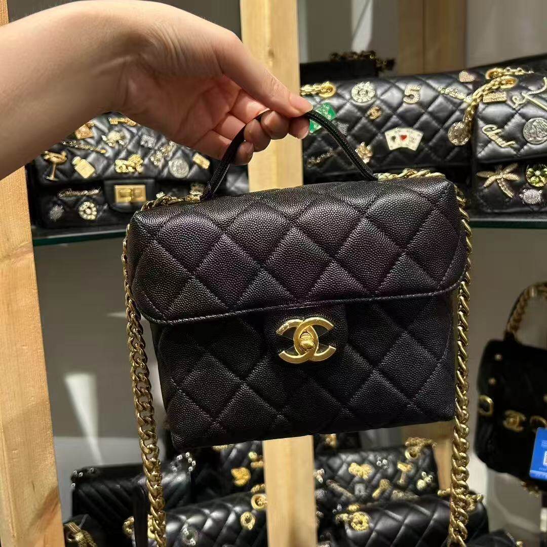 99新香奈儿CHANEL黑金荔枝皮手提单肩斜挎包