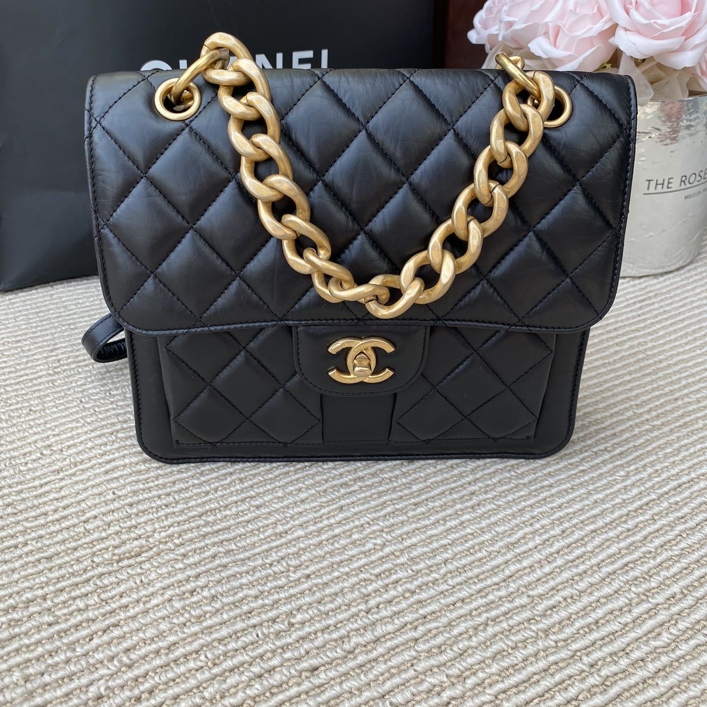 99新Chanel香奈儿23s黑金牛皮超好看复古双肩包芯片款手提女包