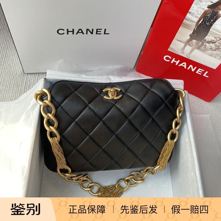 99新香奈儿Chanel23A粗金链条黑金羊皮hobobag嬉皮包