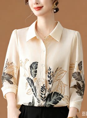 中年妈妈真丝衬衫女夏季新款七分袖印花小衫桑蚕丝大码上衣