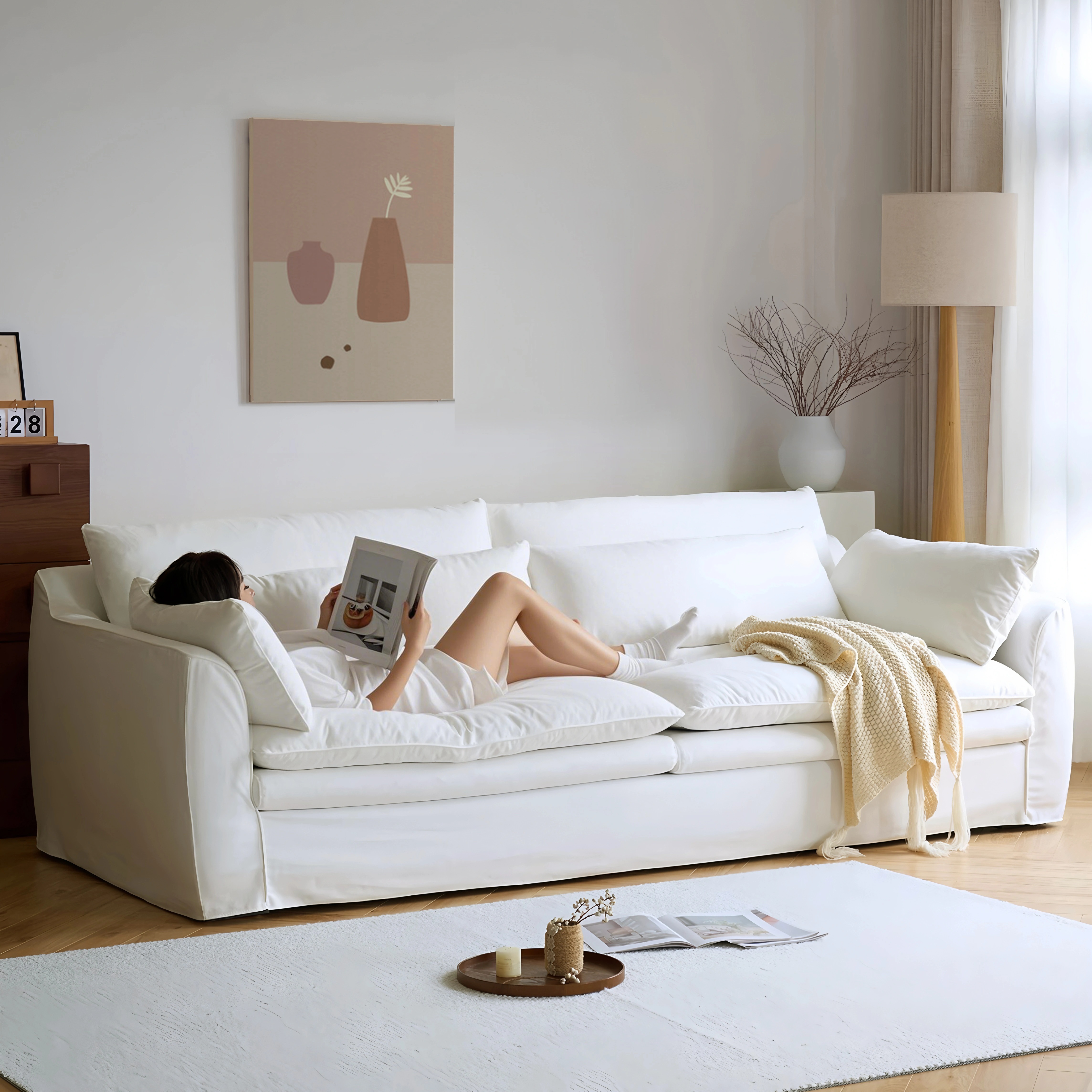 可拆洗布艺棉麻怀抱沙发侘寂风客厅小户型三双人直排奶油风沙发KK