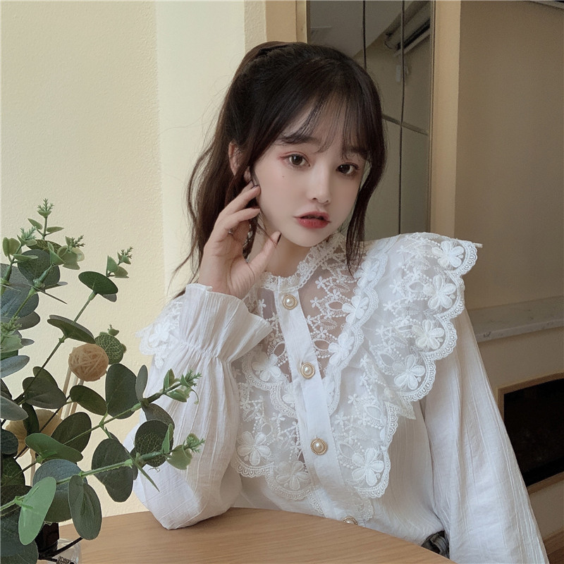 Real shot Ruffle lace stitching stand collar long sleeve shirt women's design niche French top