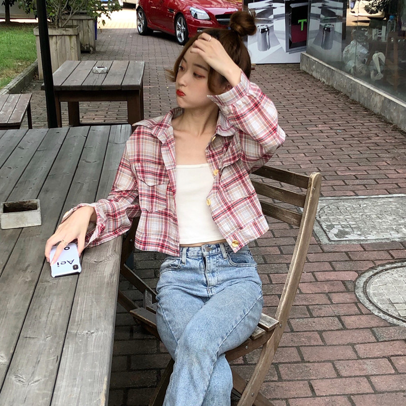 Real Korean retro color contrast Plaid Shirt women's design minority long sleeve shirt loose jacket