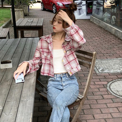 Real Korean retro color contrast Plaid Shirt women's design minority long sleeve shirt loose jacket