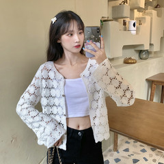 Real shot short sunscreen long sleeve lace air conditioning shirt women's Crochet cut loose cardigan short coat