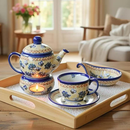 波兰进口手绘陶瓷餐具艺术家小蜜蜂烤鱼盘汤菜碗咖啡杯零食盘A007