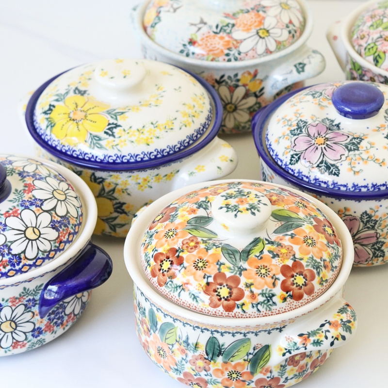 波兰进口手绘陶瓷2.0L汤锅不可直火用炖菜碗海鲜大碗家用粥锅欧式