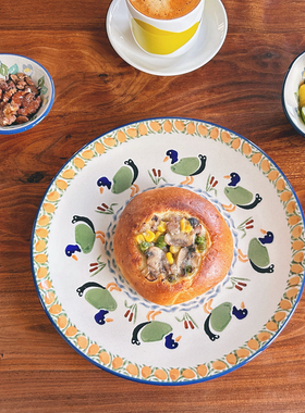 波兰进口手绘陶瓷绿鸭子菜盘早餐盘面碗米饭碗甜品碟海鲜大碗P323