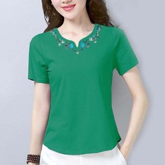草绿色纯棉短袖t恤女修身上衣2023夏中年妈妈大码减龄民族风小衫