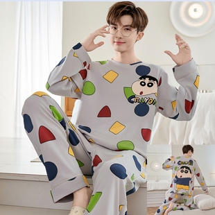 2025男士纯棉睡衣四季款长袖青少年韩版卡通宽松休闲大码家居服套
