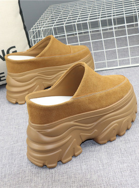 内增高12CM厚底勃肯鞋女秋冬10cm外穿一脚蹬懒人鞋加绒包头半拖鞋