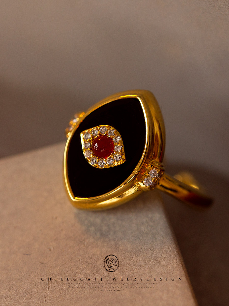 《Wedjat》原创设计古埃及复古眼睛天然红黑玛瑙小众戒指戒圈戒环