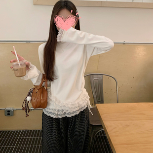 韩系白色半高领蕾丝拼接T恤女装秋季加绒加厚打底衫内搭短款上衣