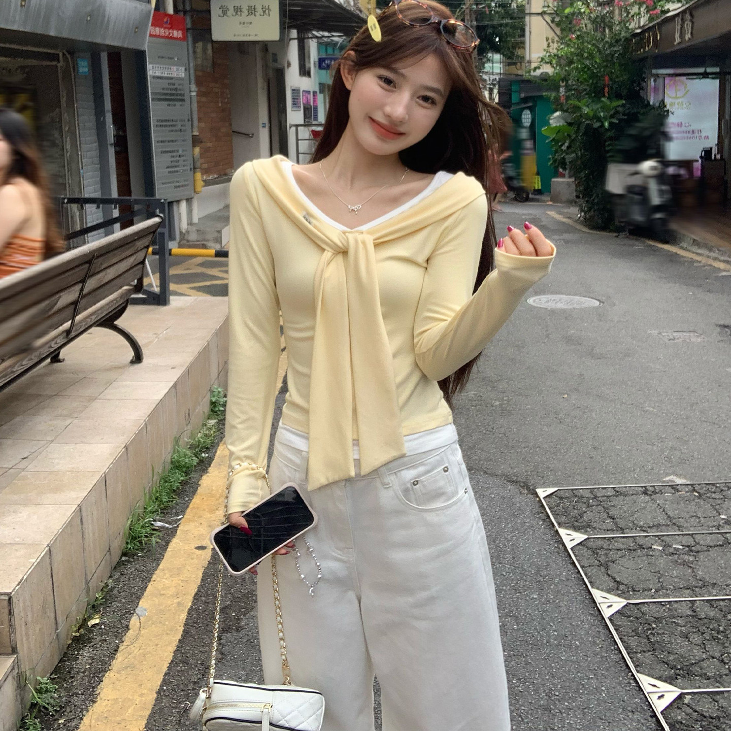 韩系鹅黄色海军领内搭打底衫女2025秋季修身短款长袖t恤小上衣
