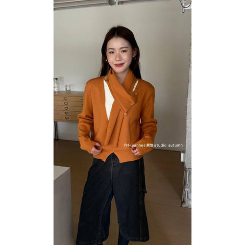 洋气撞色针织衫可拆卸围脖毛衣