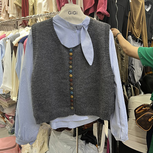 马夹套装 叠穿针织马甲背心女春秋外穿无袖 洋气 气质飘带领衬衫 时尚