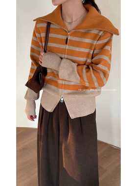 YN设计感外穿大翻领加厚毛衣掐腰外套高腰显瘦双头拉链针织开衫秋