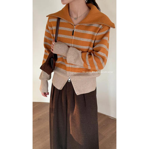 翻领加厚毛衣掐腰双拉链针织开衫