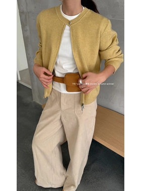 YN2025秋季新款圆领一粒纽扣装饰上下拉链宽松时尚针织衫开衫上衣