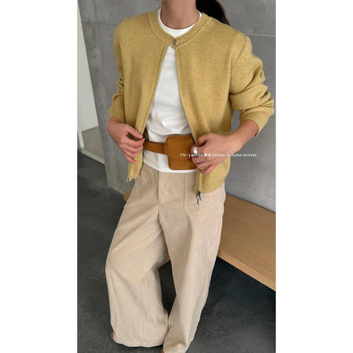 圆领一粒纽扣装饰双拉链毛衣外套