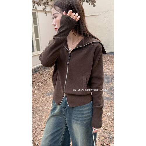 慵懒风软糯大翻领双拉链针织开衫