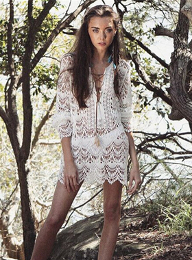 2025新夏比基尼外搭沙滩泳衣外套中长款白色套头海边度假镂空罩衫