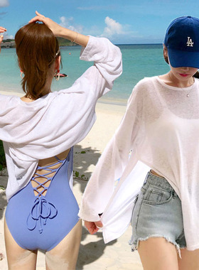 2023比基尼外搭沙滩温泉泳衣宽松度假海边防晒白色中长款套头罩衫