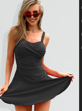 纯色欧美大码泡温泉泳衣女2025新款爆款保守平角裙式性感遮肚显瘦