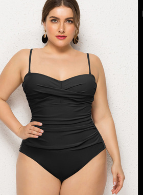 欧美2025新款爆款黑色大码胖mm性感遮肚显瘦连体泳衣度假温泉