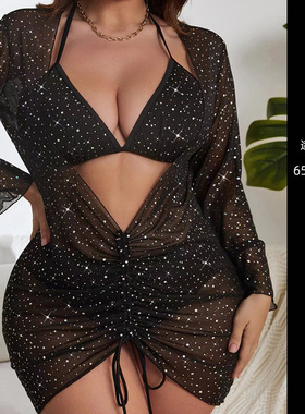 大码黑色三点式分体泳衣女比基尼暴露性感长袖防晒三件套泡温泉