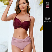 胖MM酒红 欧美高腰微胖女孩大码 挂脖性感法式 比基尼泳衣分体三点式