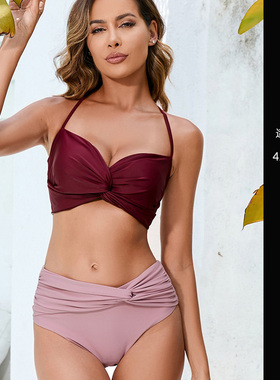 挂脖性感法式比基尼泳衣分体三点式欧美高腰微胖女孩大码胖MM酒红