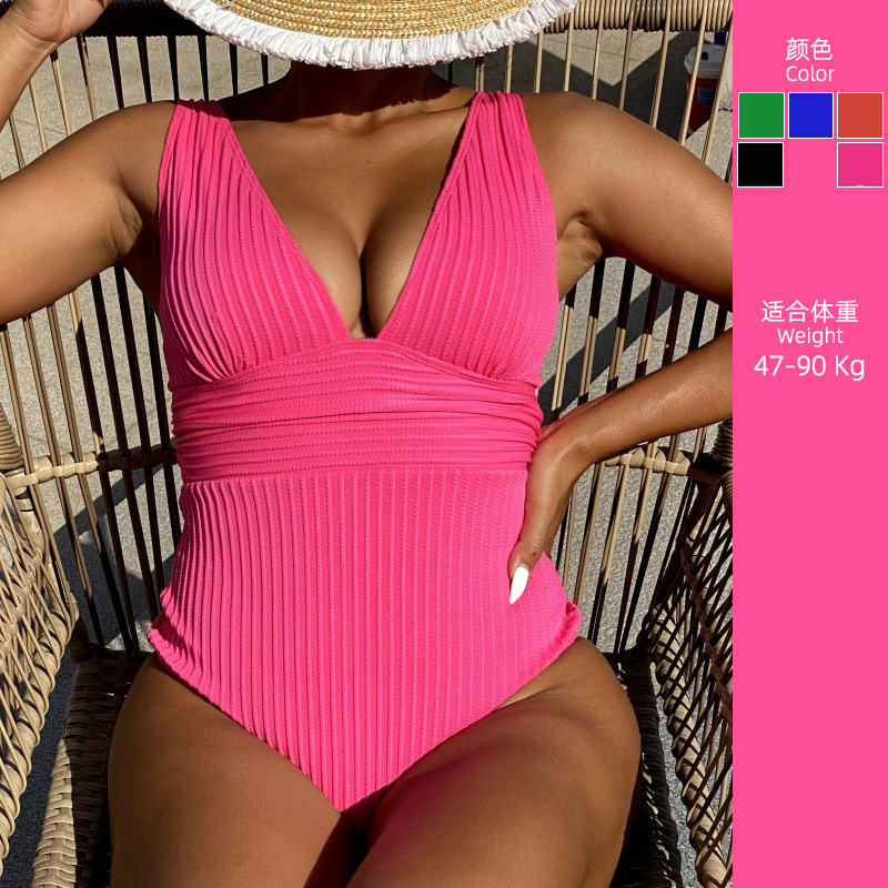 ins大码深V领女士游泳衣遮肉显瘦