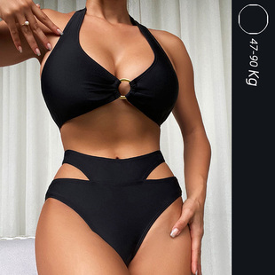 比基尼泳衣黑色女高腰微胖MM大码 2024新款 欧美挂脖分体性感三点式