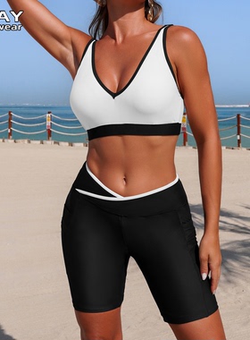 黑色欧美大码微胖女士分体泳衣平角遮肉显瘦泡温泉度假泳装有口袋