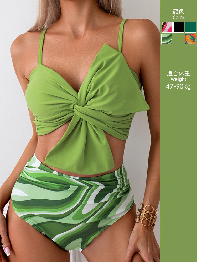 European and American Fat Hottie Bikini with Small Breasts Gathered to Cover the Flesh and Look Slimming Look Holiday Style Split Swimsuit for Women with Bow Hot Spring