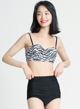 黑色性感小胸聚拢高腰比基尼泳衣女夏大码胖mm泡温泉遮肚显瘦上衣