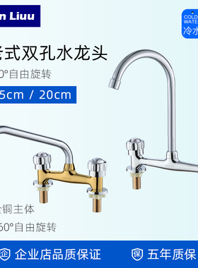 老式双联厨房水龙头船用水槽龙头双孔20cm冷热立式款餐厅面盆龙头