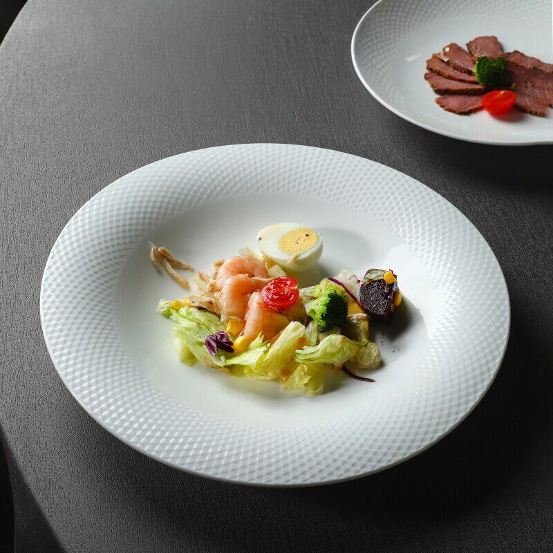 牛排盘子陶瓷纯白色钻石纹商用酒店西餐厅高档会所深汤盘小炒盘子