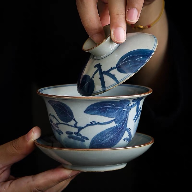 茗达草木灰三才盖碗仿古陶瓷家用泡茶器手绘盖碗功夫茶具单个敬茶