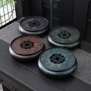 中式圆型茶盘壶承储水干泡茶台大漆老铁器复古茶具禅意茶道茶托盘