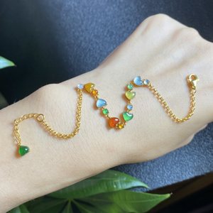 缅甸天然翡翠A货冰种起胶多宝爱心女款手链手串18K金镶嵌 5959