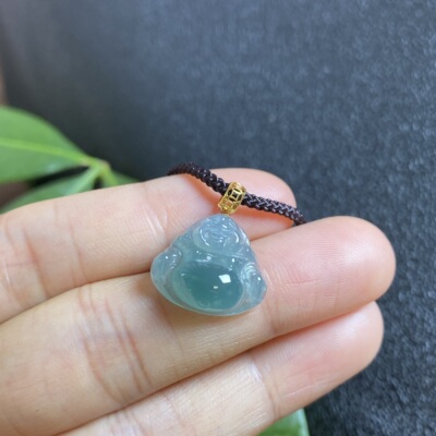 掌中翠天然翡翠冰种蓝水超饱满小佛18k金扣玉石吊坠 0160