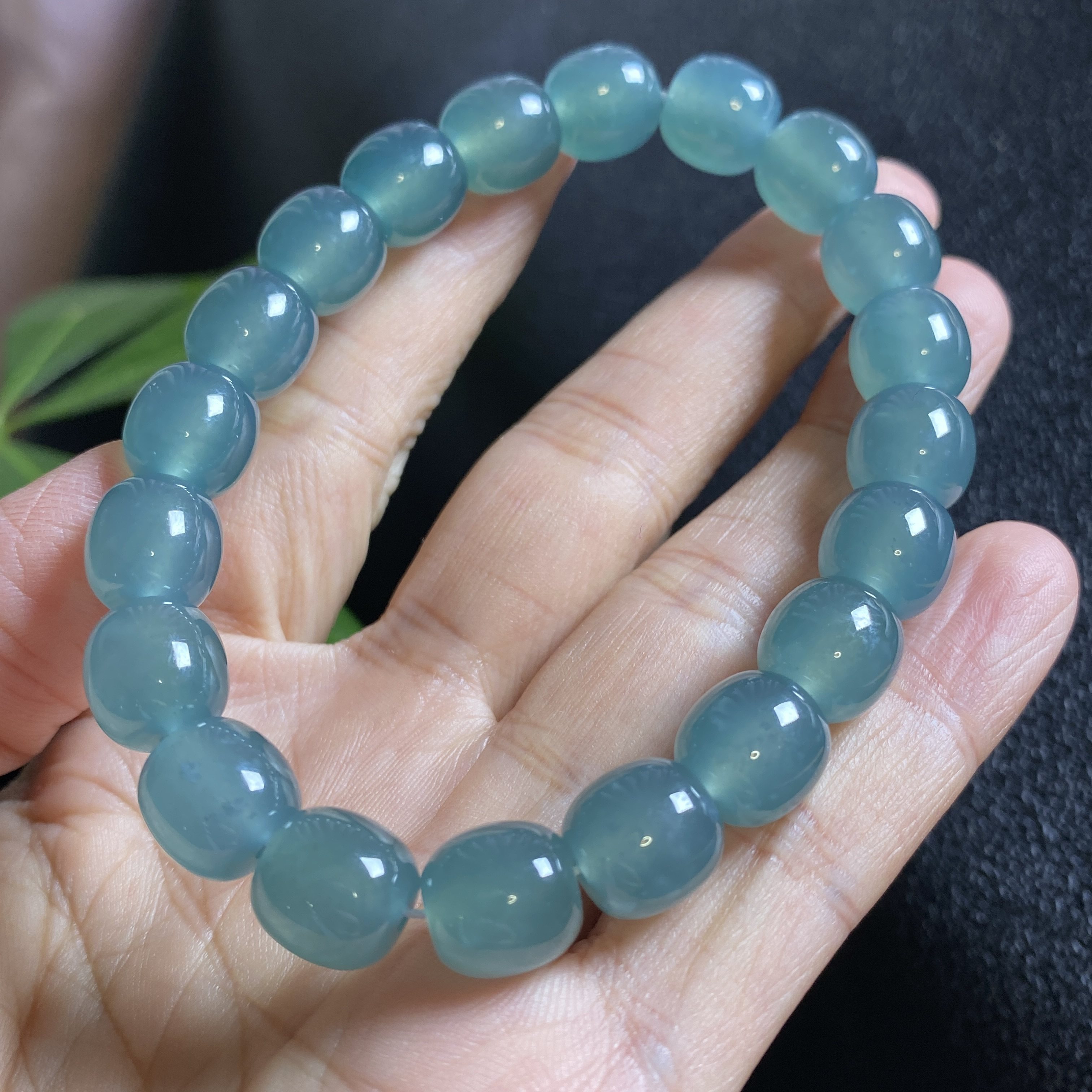 天然翡翠A货冰种蓝水路路通手链老型珠单圈手串 0242