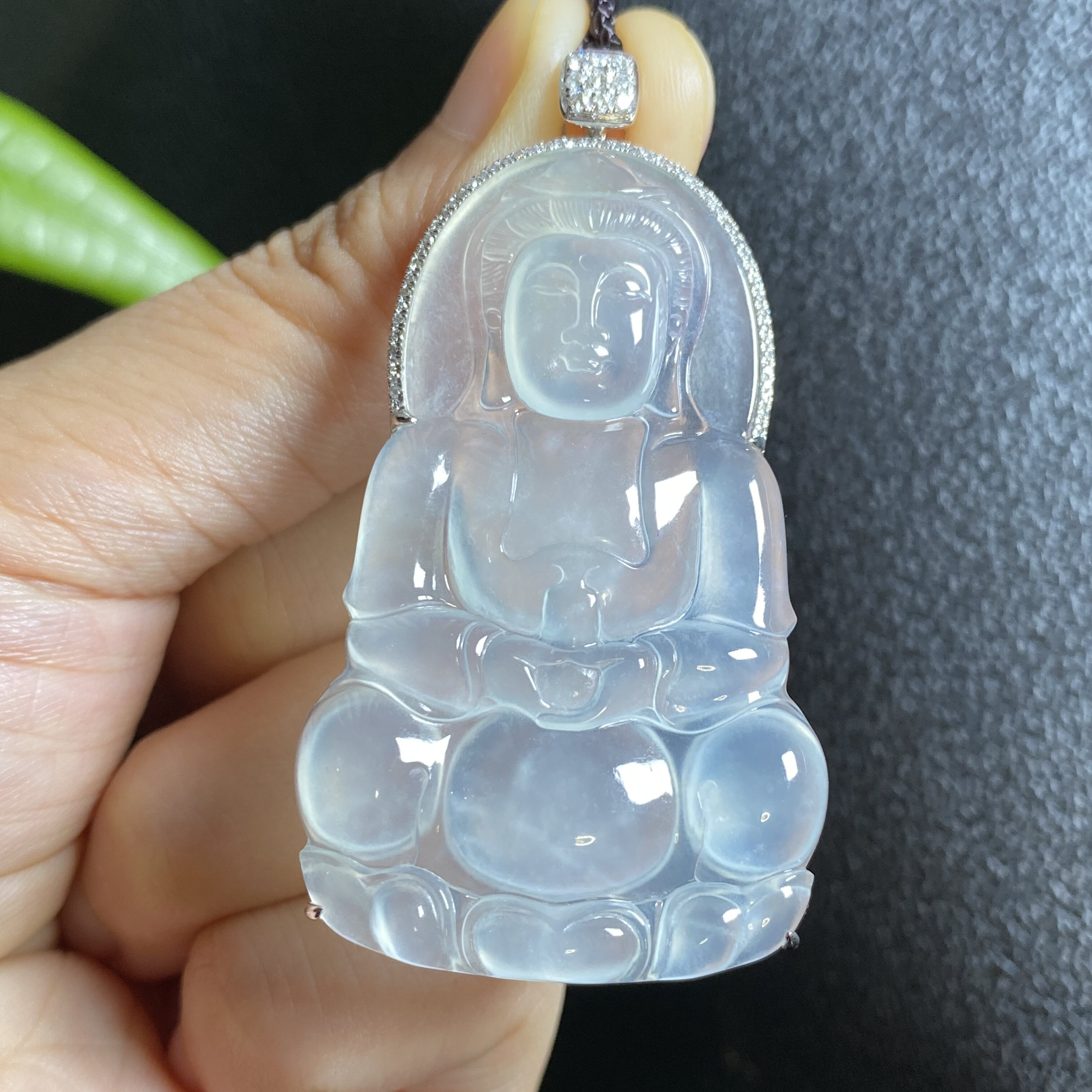 掌中翠缅甸天然翡翠高冰种起胶大件观音18k金镶嵌挂件吊坠 0007