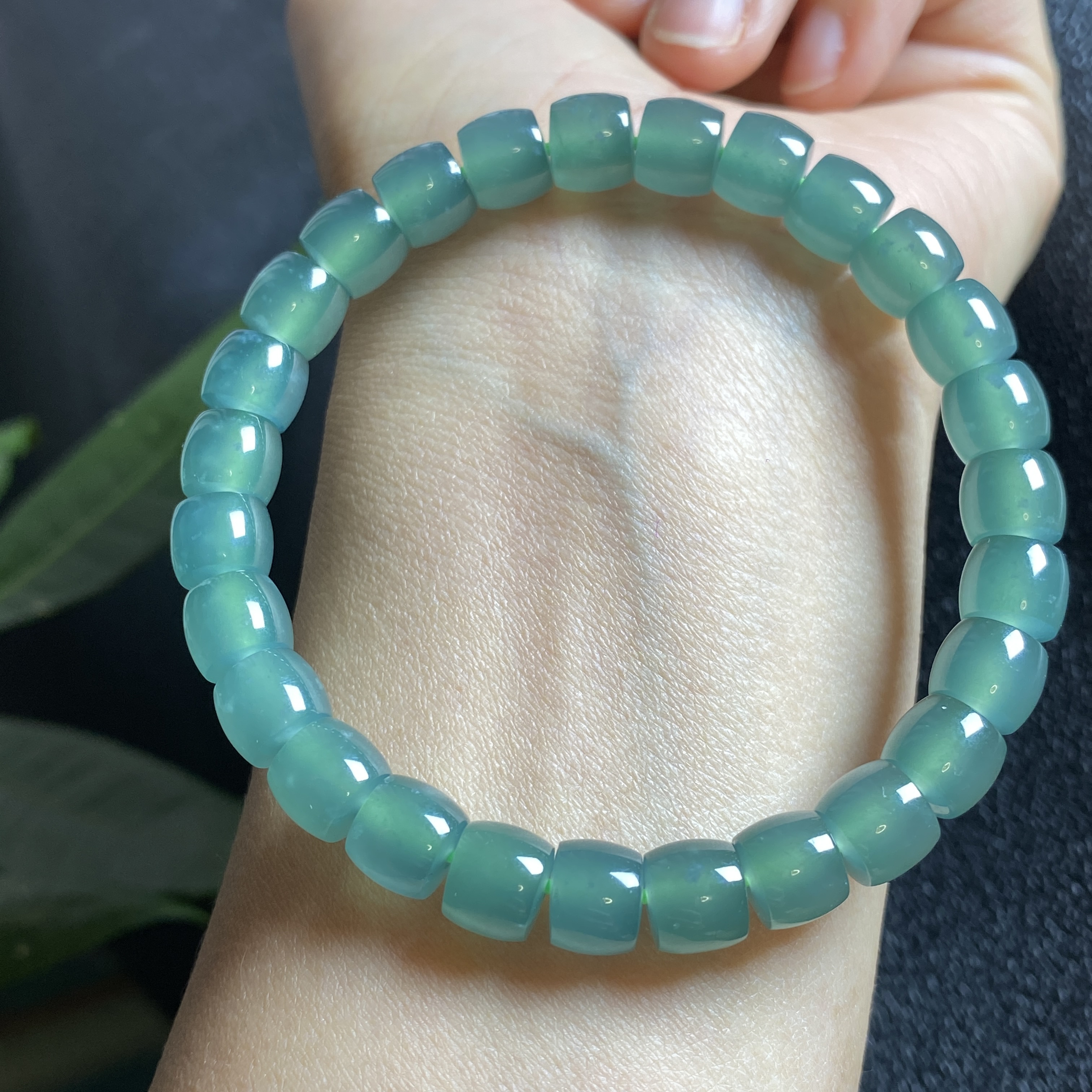 天然翡翠A货冰种蓝水直切桶珠路路通女款手链老型珠单圈手串p