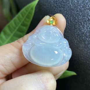 0095 掌中翠缅甸天然翡翠冰种纯白饱满笑脸佛公18k金镶嵌女士吊坠