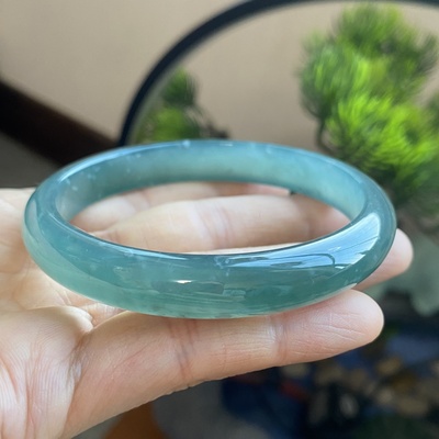 翡翠A货冰种雪花棉深色蓝水圆形手镯玉镯58圈口 0116